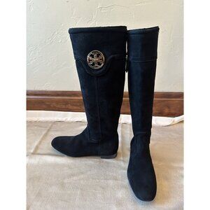 NEW w/o Box TORY BURCH Selma Black Suede Logo Riding Boot Sz 6.5 Knee‎ High
